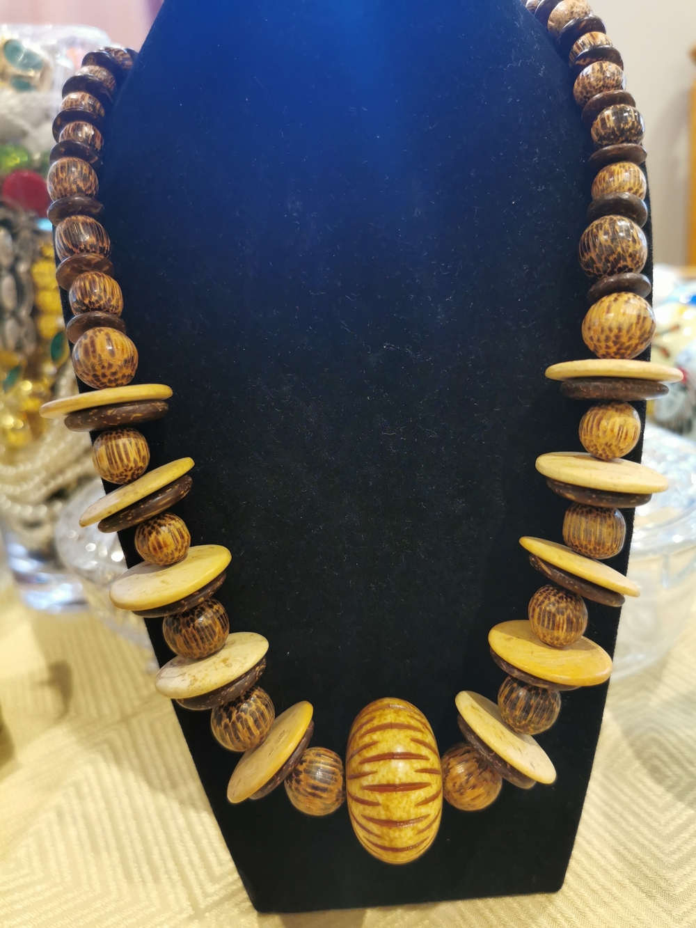 Vintage Natural  Variegated Wood Bead Statement Necklace
